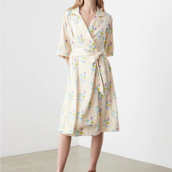 Ganni Dresses & Skirts - GANNI Floral Crinkled Satin Wrap Dress in Floral Rutabaga